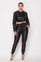 2 Pc. Leather Jogger Set With Hoodie Crop Top - Black